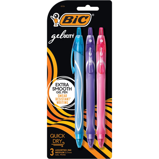 Experience Effortless Writing with BIC Gelocity Quick Dry Retractable Fashion Gel Pens - 0.7 mm Medium Point, Assorted Colors, 3-Pack