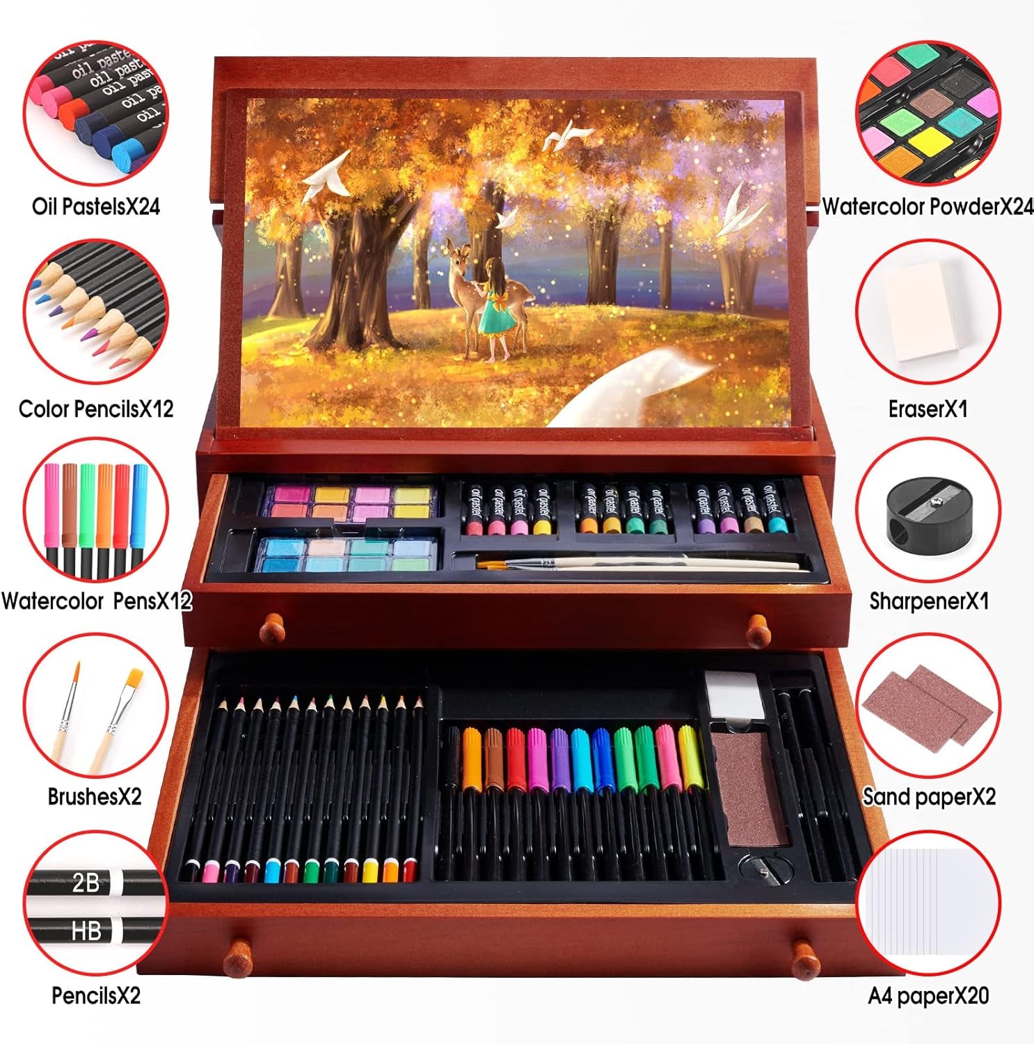 Deluxe Wooden Art Supplies Set with Foldable Easel - Perfect for Teens and Beginners