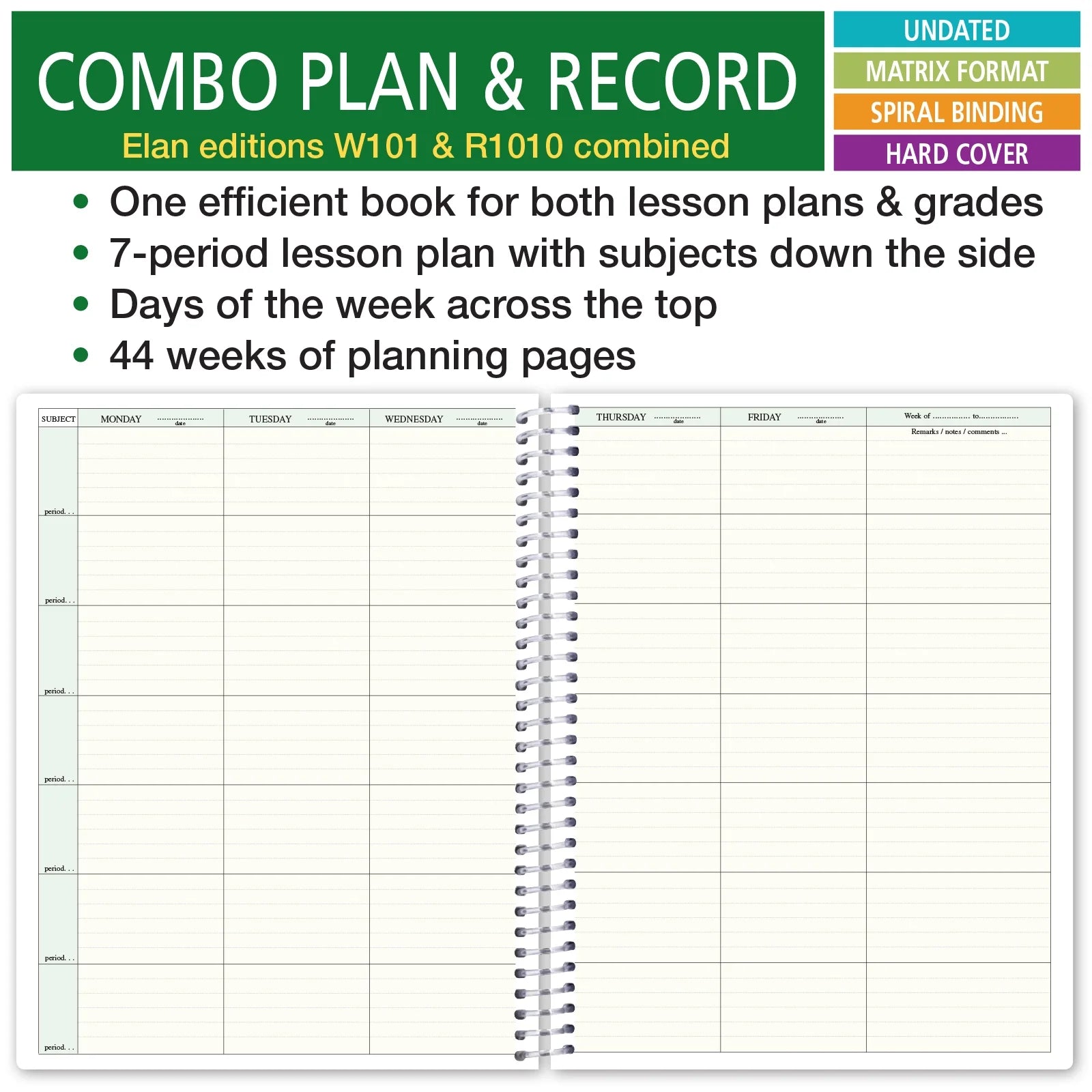 HARDCOVER Combination Plan and Record Book: One Efficient 8.5" X 11" Book for Lesson Plans & Grades Combines W101 and R1010 (PR7-10) (+) Bonus Clip-In Bookmark (Blue Green Flowers)