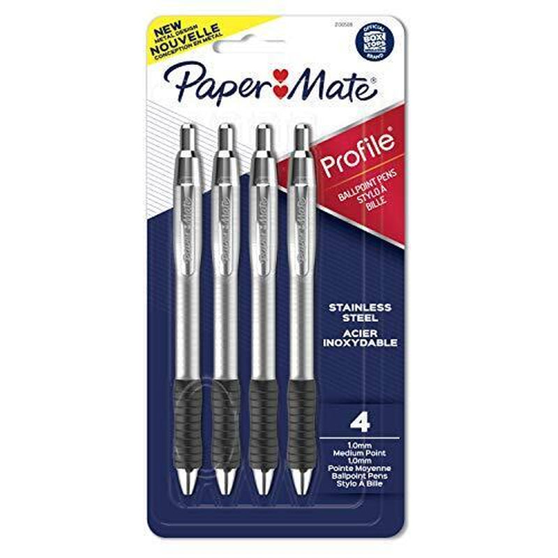 Premium 4-Pack Paper Mate Profile Retractable Ballpoint Pens with Stainless Steel Barrel - 1mm Black Ink