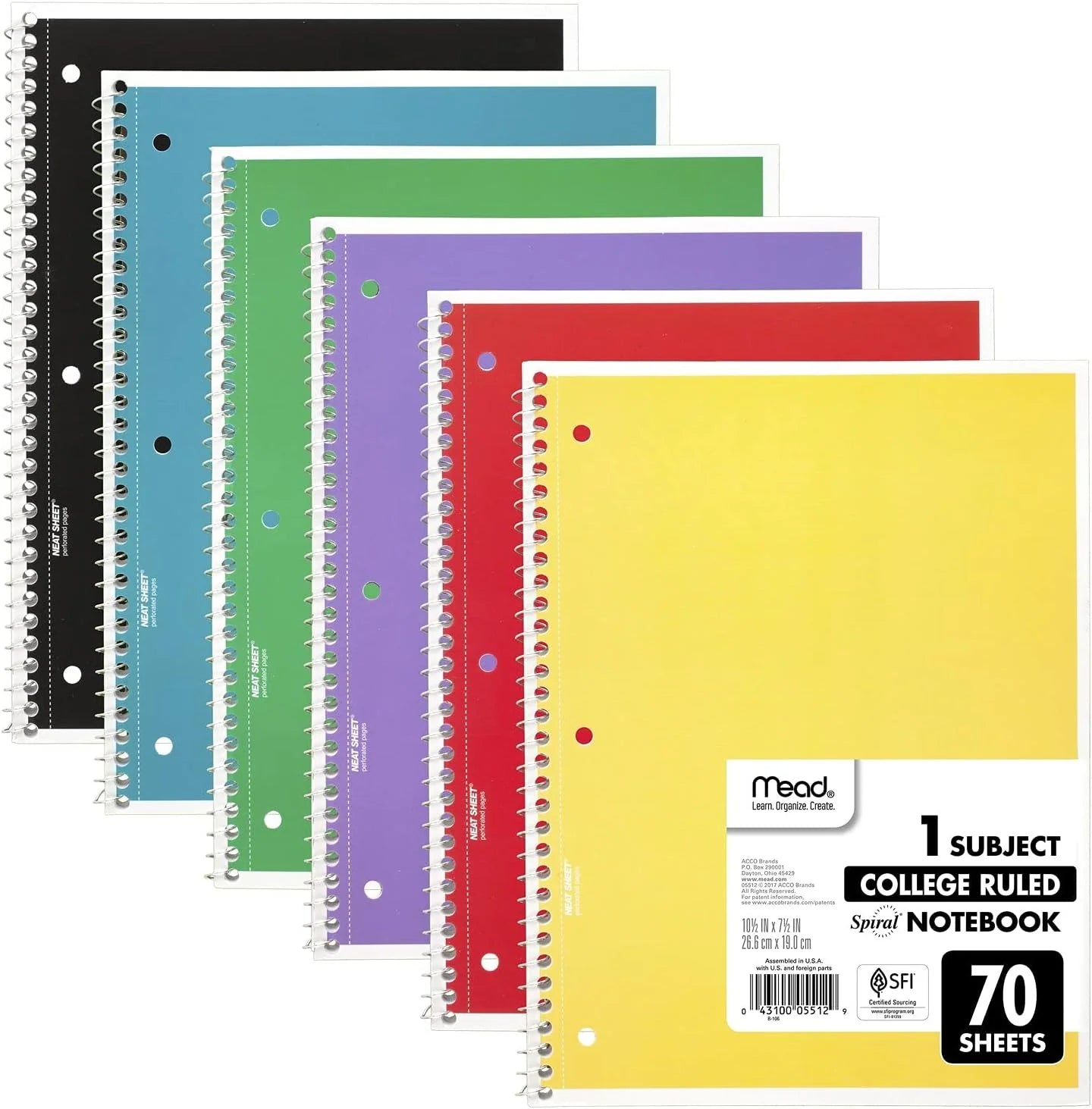 Mead Spiral Notebooks, 6 Pack, 1 Subject, College Ruled Paper, 7-1/2" X 10-1/2", 70 Sheets per Notebook, Color Will Vary (73065)