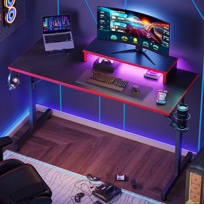 42-Inch Red Gaming Desk with LED Lights and Monitor Stand - Perfect for PC Gamers