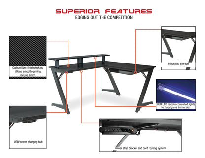 Avatar L-Shaped Gaming Desk with Carbon Fiber Top and Matte Red Steel Legs for Ultimate Gaming Experience