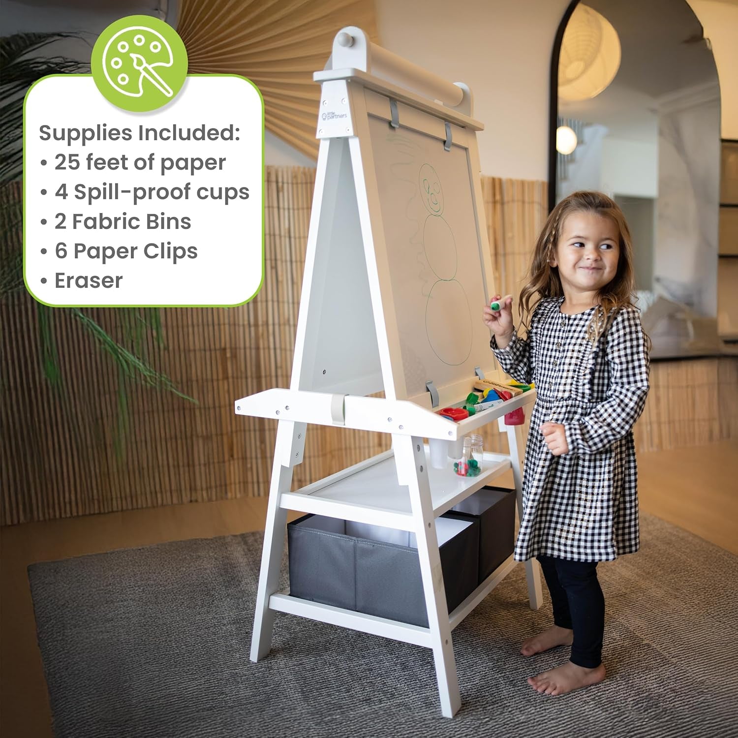 Deluxe Learn 'N Play Toddler Easel - Versatile Two-Sided Art Center with Chalkboard, Magnetic Dry Erase Board, and Complete Art Supplies in Soft White