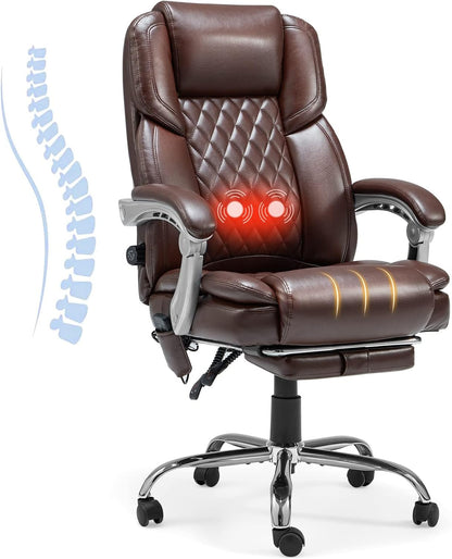 Ergonomic 2-Point Massage Executive Office Chair with Lumbar Support and Heated Reclining Backrest in Brown