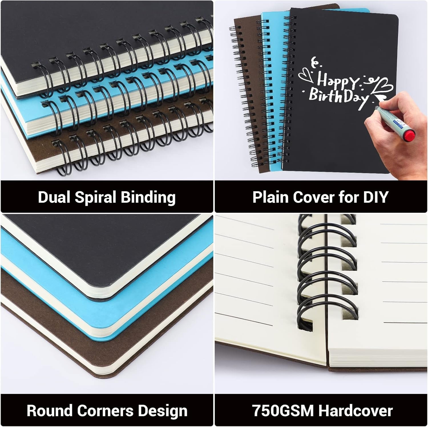 Premium A5 Spiral Ruled Notebooks - 3 Pack of Lined Travel Writing Journals with Soft Covers in Black, Blue, and Coffee