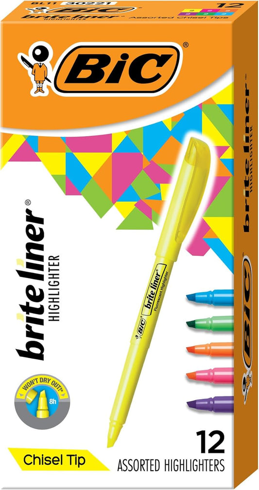 Vibrant Brite Liner Highlighters - 12-Count Assorted Colors with Chisel Tip for Precise Highlighting and Underlining