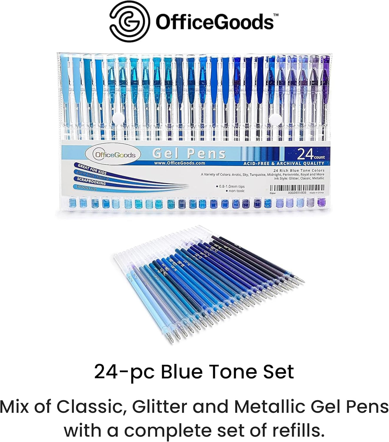 Premium Blue Gel Pen Set with Refills - 24 Pack Featuring Metallic, Glitter, and Classic Colors for Writing, Coloring, and Journaling