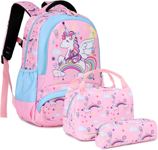 Charming Pink Girls Backpack Set with Lunch Box and Pencil Case - Perfect for Preschool to Elementary School