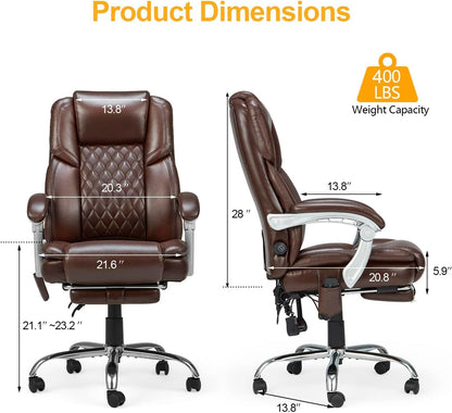 Ergonomic 2-Point Massage Executive Office Chair with Lumbar Support and Heated Reclining Backrest in Brown