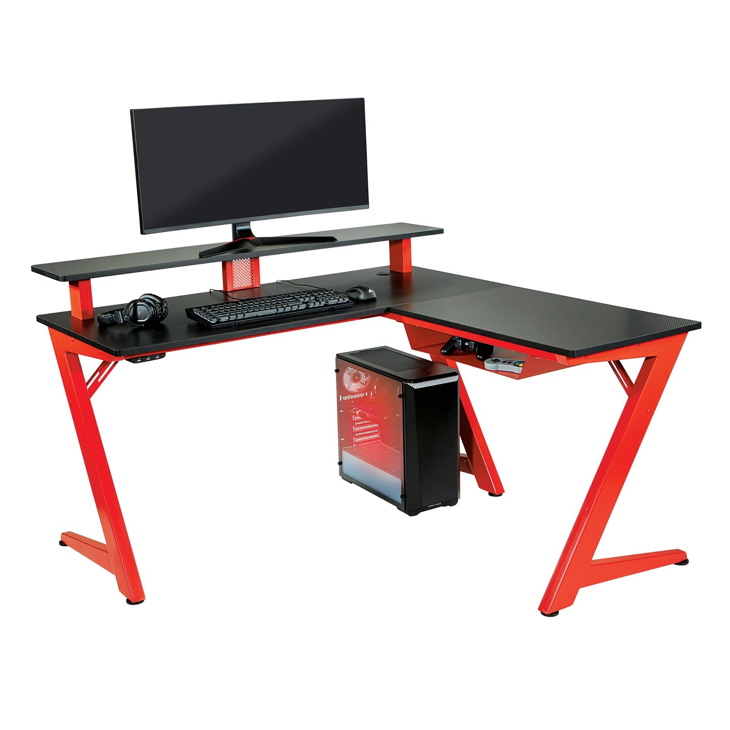 Avatar L-Shaped Gaming Desk with Carbon Fiber Top and Matte Red Steel Legs for Ultimate Gaming Experience