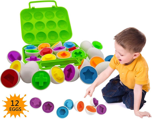 12-Piece Color and Shape Matching Egg Set - Montessori Educational Toy for Toddler Fine Motor Skill Development, Ideal for Preschool Learning and Easter Gifts (Green)