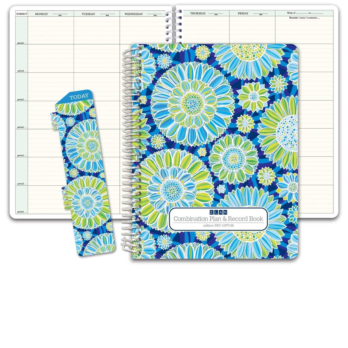 HARDCOVER Combination Plan and Record Book: One Efficient 8.5" X 11" Book for Lesson Plans & Grades Combines W101 and R1010 (PR7-10) (+) Bonus Clip-In Bookmark (Blue Green Flowers)