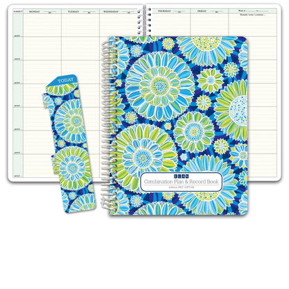 HARDCOVER Combination Plan and Record Book: One Efficient 8.5" X 11" Book for Lesson Plans & Grades Combines W101 and R1010 (PR7-10) (+) Bonus Clip-In Bookmark (Blue Green Flowers)