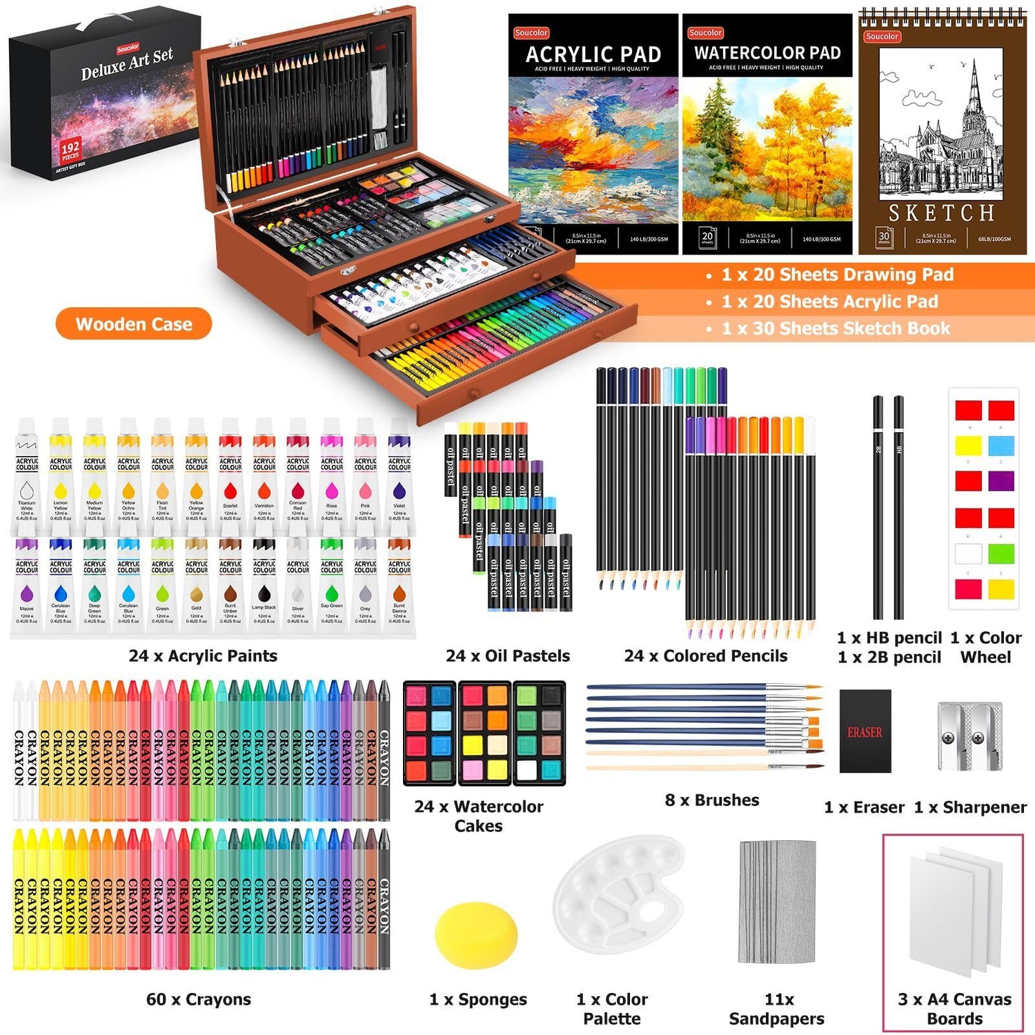 Comprehensive 192-Pack Deluxe Art Set - Premium Drawing and Painting Supplies for All Skill Levels