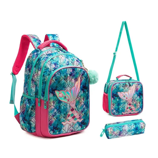 Versatile Waterproof School Backpack Set for Girls - Stylish Sequin Design with Lunch Tote and Pencil Case