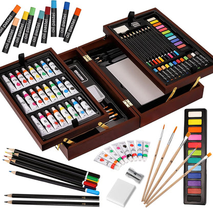 Deluxe Art Set in Wooden Case, Portable Art Painting Kit Includes Acrylic & Watercolor & Oil Paints, Oil Pastels, Colored Pencils, Creative Art Supplies Gift for Kids, Adults, Teens Girls Boys