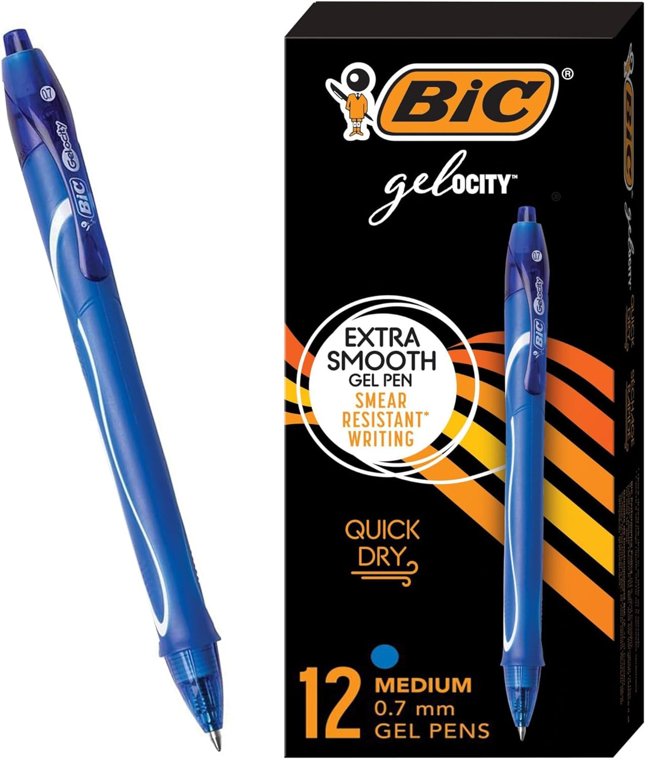 BIC Gel-ocity Retractable Quick Dry Gel Pen, Medium Point (0.7mm), Blue, Comfortable Full Grip