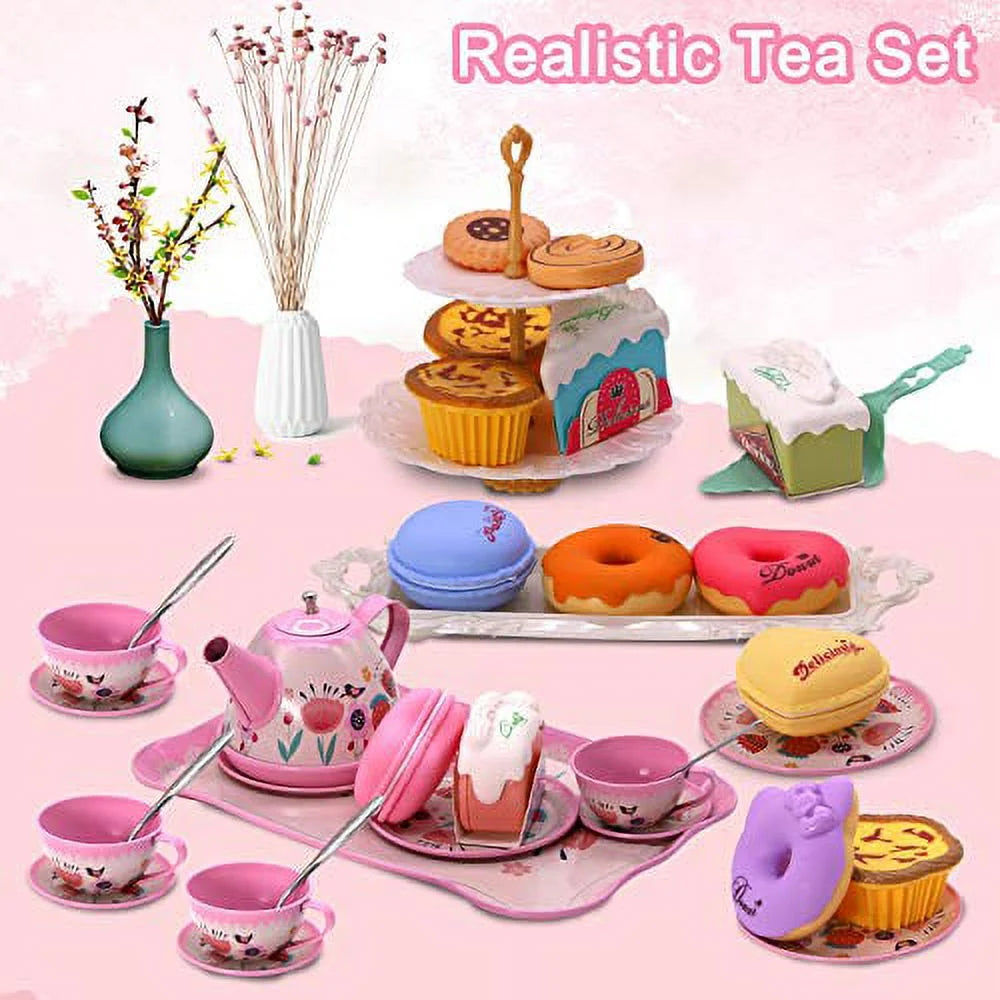 Charming Tea Party Set for Young Girls - Complete Pretend Play Kit with Teapot, Desserts, Tablecloth, and Carrying Case for Ages 3-6