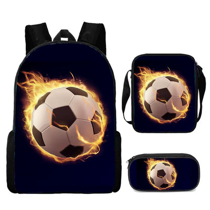 3-Piece Cartoon School Backpack Set for Boys and Girls with Football Design - Lightweight and Customizable