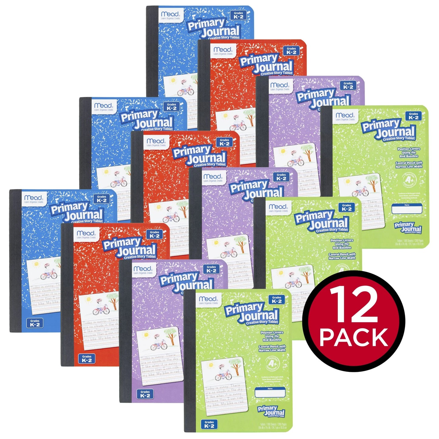 Mead Primary Journal - Half Page Ruled Notebooks for Grades K-2, 100 Double-Sided Sheets, 12 Pack