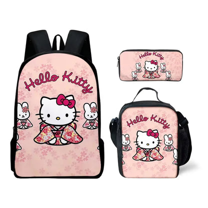 Charming 3D Hello Kitty Backpack Set - Cute Lunch Bag & Pencil Case for Stylish Students!