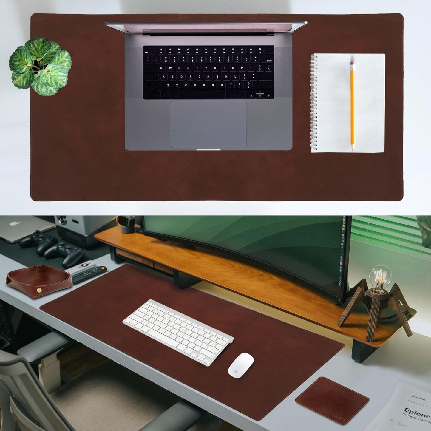 Premium Chestnut Leather Desk Mat Set - Full Grain 32x16 Blotter, Coaster & Tray for Office & Home - Ultimate Mouse Pad and Workspace Organizer