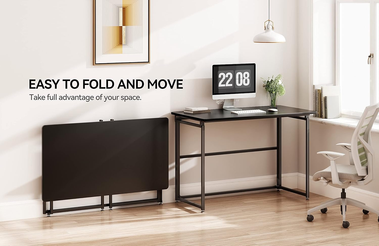 Versatile 43-Inch Folding Desk - No Assembly Required, Ideal for Home Office, Study, and Gaming - Portable and Adjustable for Small Spaces - Sleek Black Design