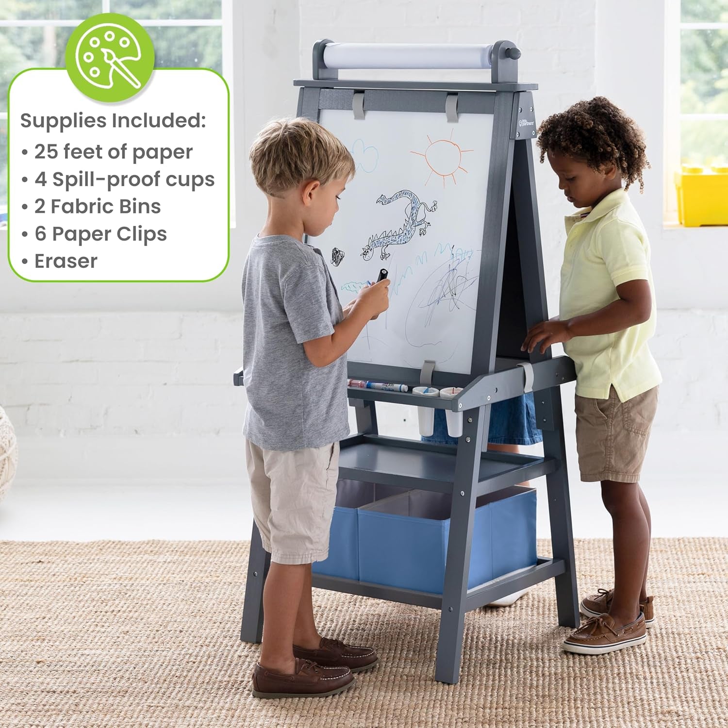 Deluxe Learn 'N Play Toddler Easel - Two-Sided Art Center with Chalkboard, Magnetic Dry Erase Whiteboard, Paper Feed, Storage Bins, and Paint Containers in Earl Grey