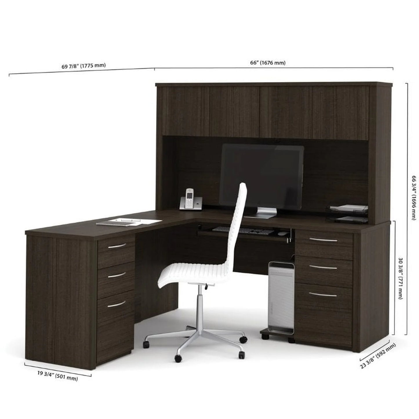 Elegant 66" L-Shaped Wood Computer Desk with Hutch in Rich Chocolate Finish