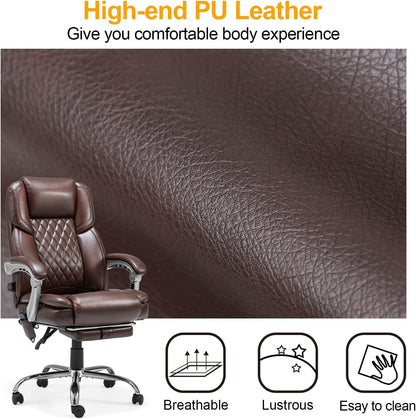 Ergonomic 2-Point Massage Executive Office Chair with Lumbar Support and Heated Reclining Backrest in Brown