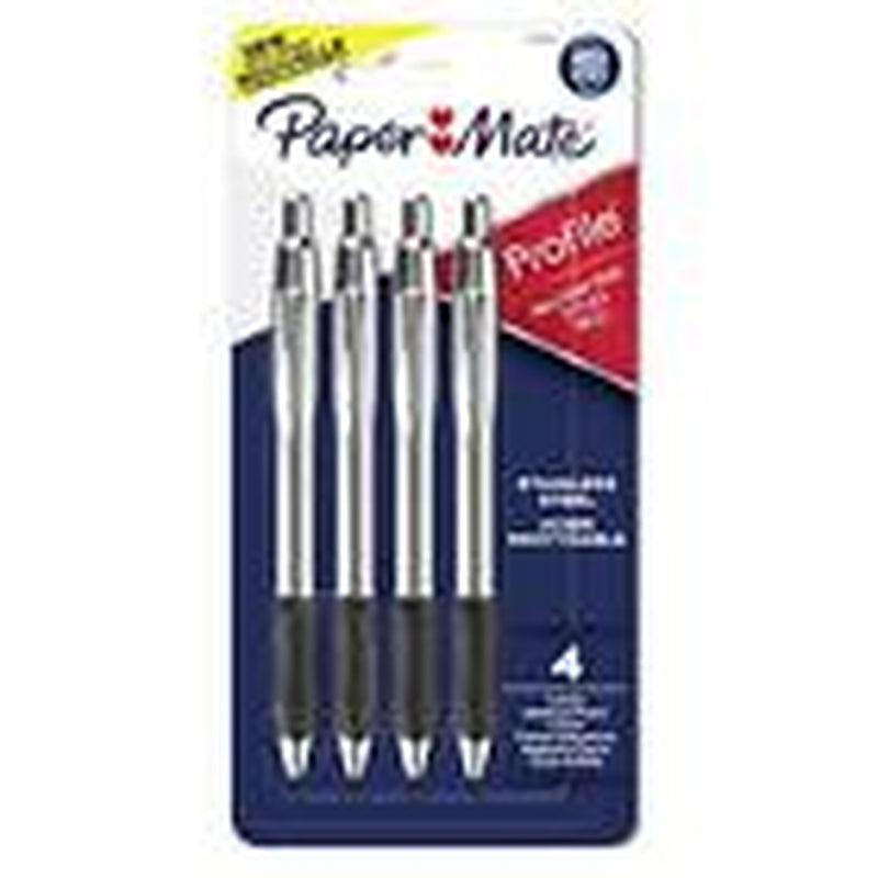 Premium 4-Pack Paper Mate Profile Retractable Ballpoint Pens with Stainless Steel Barrel - 1mm Black Ink