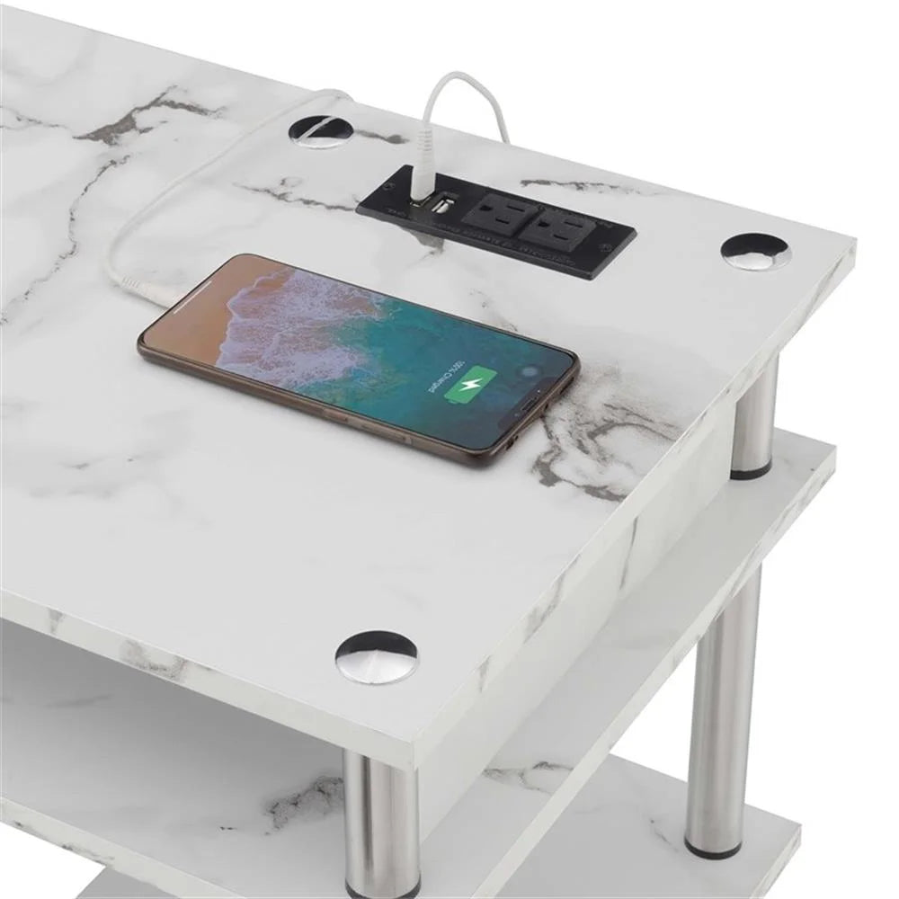 Student Desk with Charging Station White Faux Marble Wood