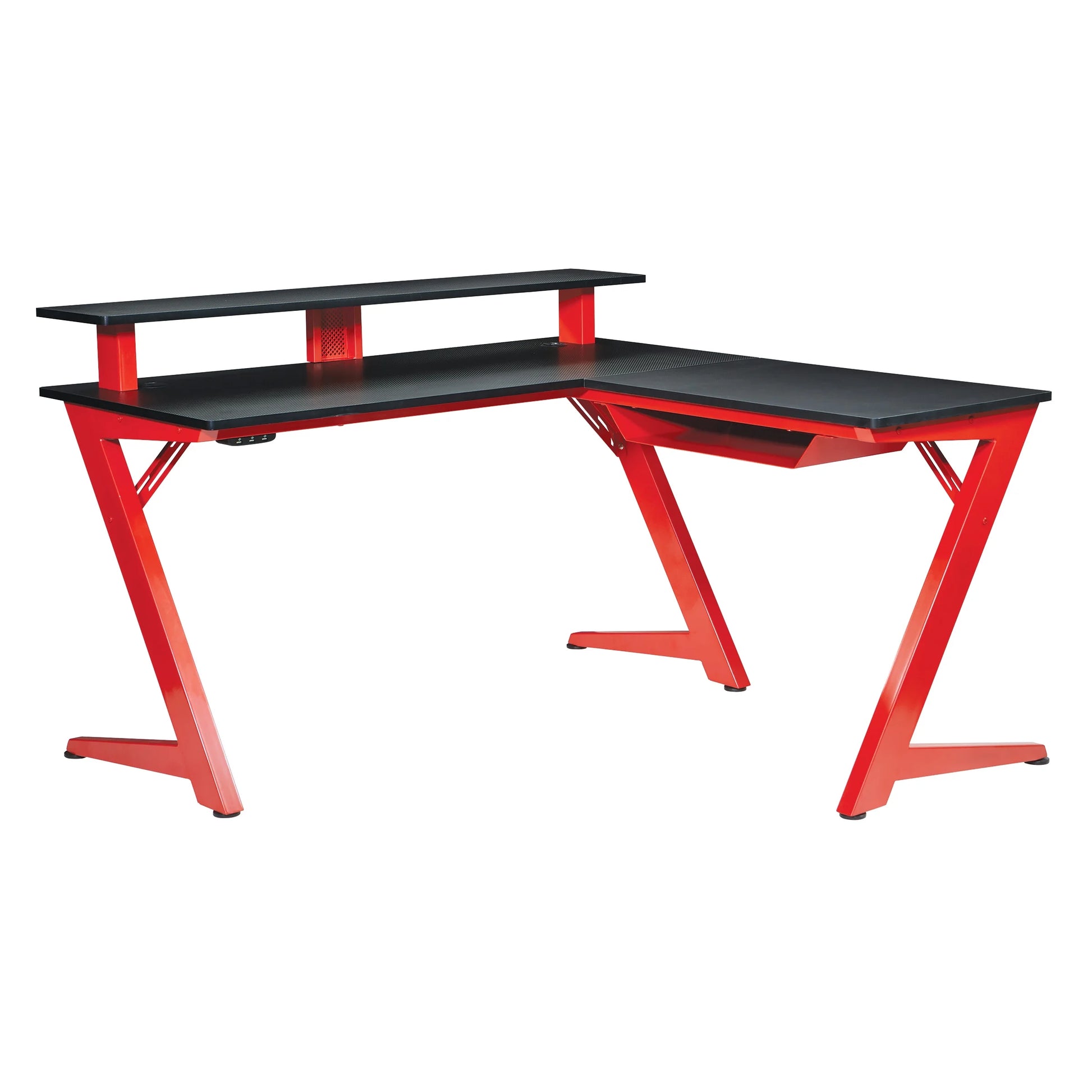 Avatar L-Shaped Gaming Desk with Carbon Fiber Top and Matte Red Steel Legs for Ultimate Gaming Experience