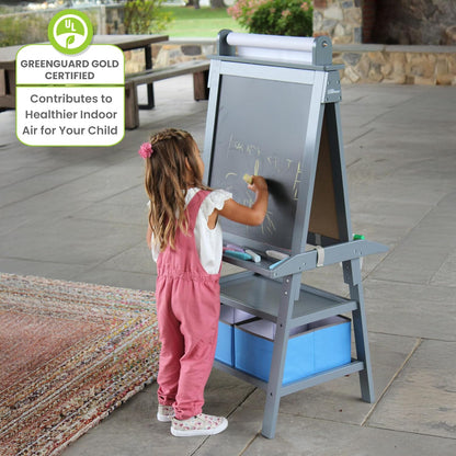 Deluxe Learn 'N Play Toddler Easel - Two-Sided Art Center with Chalkboard, Magnetic Dry Erase Whiteboard, Paper Feed, Storage Bins, and Paint Containers in Earl Grey