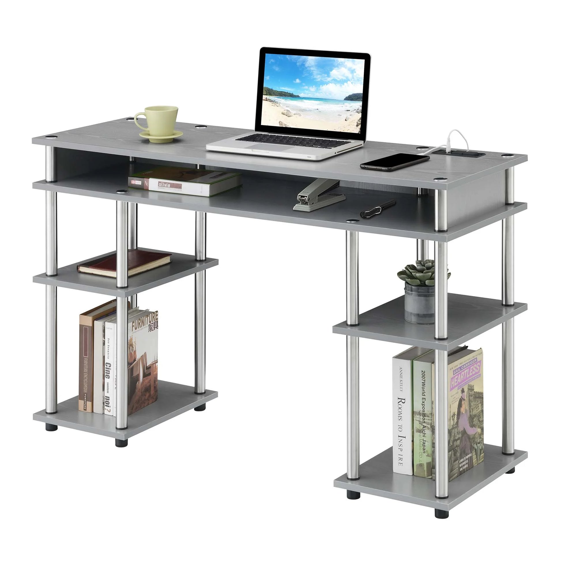 30-Inch Tall Student Desk with Charging Station and Shelves, Gray - No Tools Assembly Required