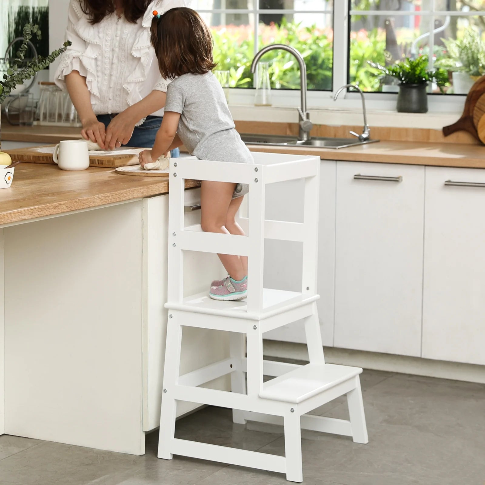 Elevate Your Child's Independence with Our White Montessori Kitchen Step Stool for Toddlers - A Safe and Stylish Learning Tower for Little Helpers