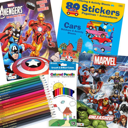 Superheroes Coloring and Activity Book Set, Include 2 Books, Colored Pencils & Car Stickers