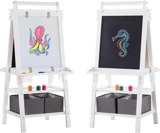 Deluxe Learn 'N Play Toddler Easel - Versatile Two-Sided Art Center with Chalkboard, Magnetic Dry Erase Board, and Complete Art Supplies in Soft White