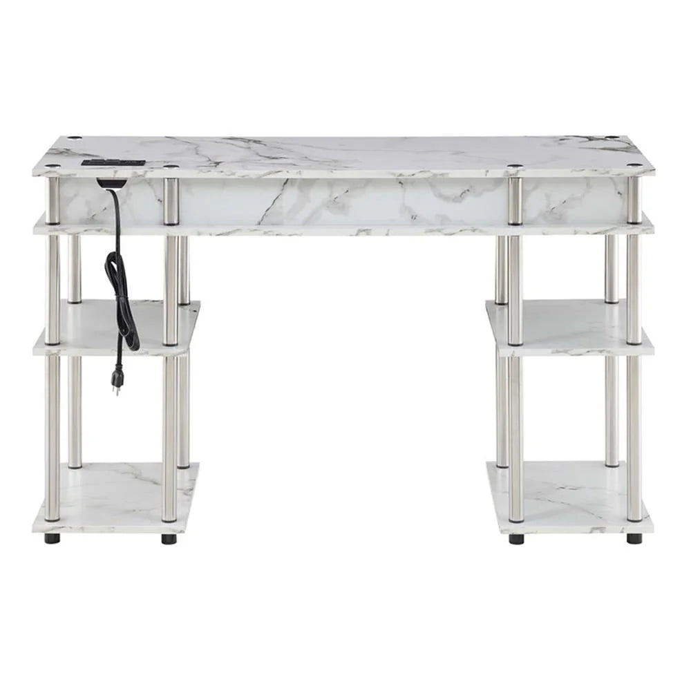 Student Desk with Charging Station White Faux Marble Wood