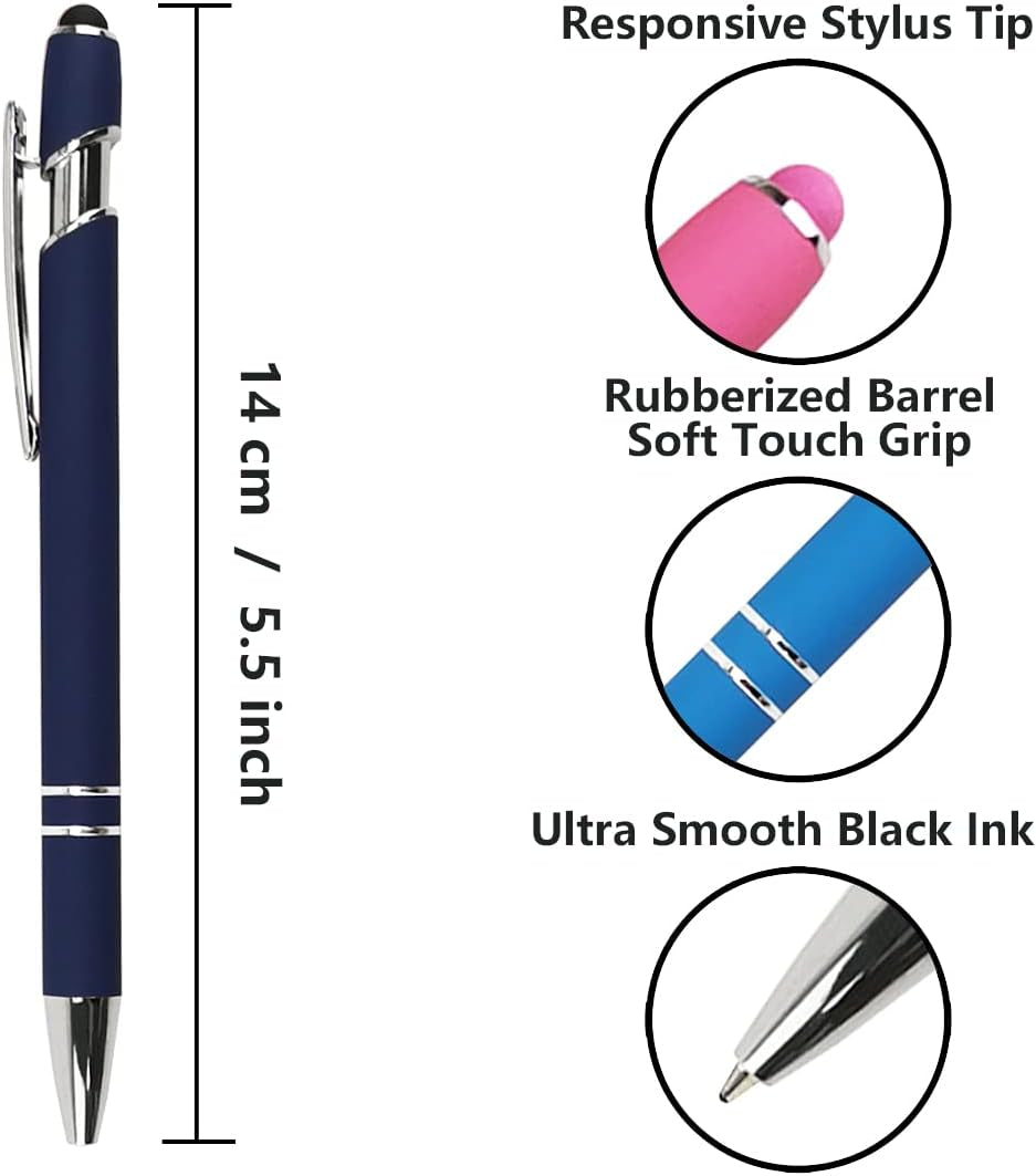 Premium Dark Blue Ballpoint Pens with Stylus Tip - Soft Touch, 1.0mm Medium Point, Pack of 12