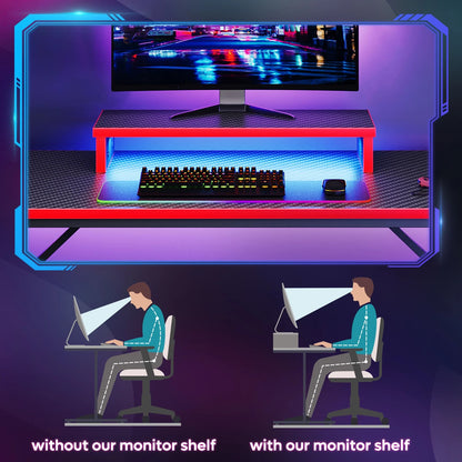 42-Inch Red Gaming Desk with LED Lights and Monitor Stand - Perfect for PC Gamers