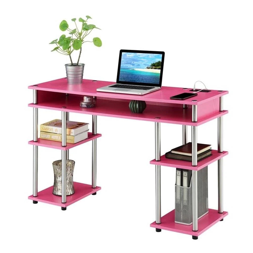 Contemporary Wood Student Desk with Charging Station in Pink