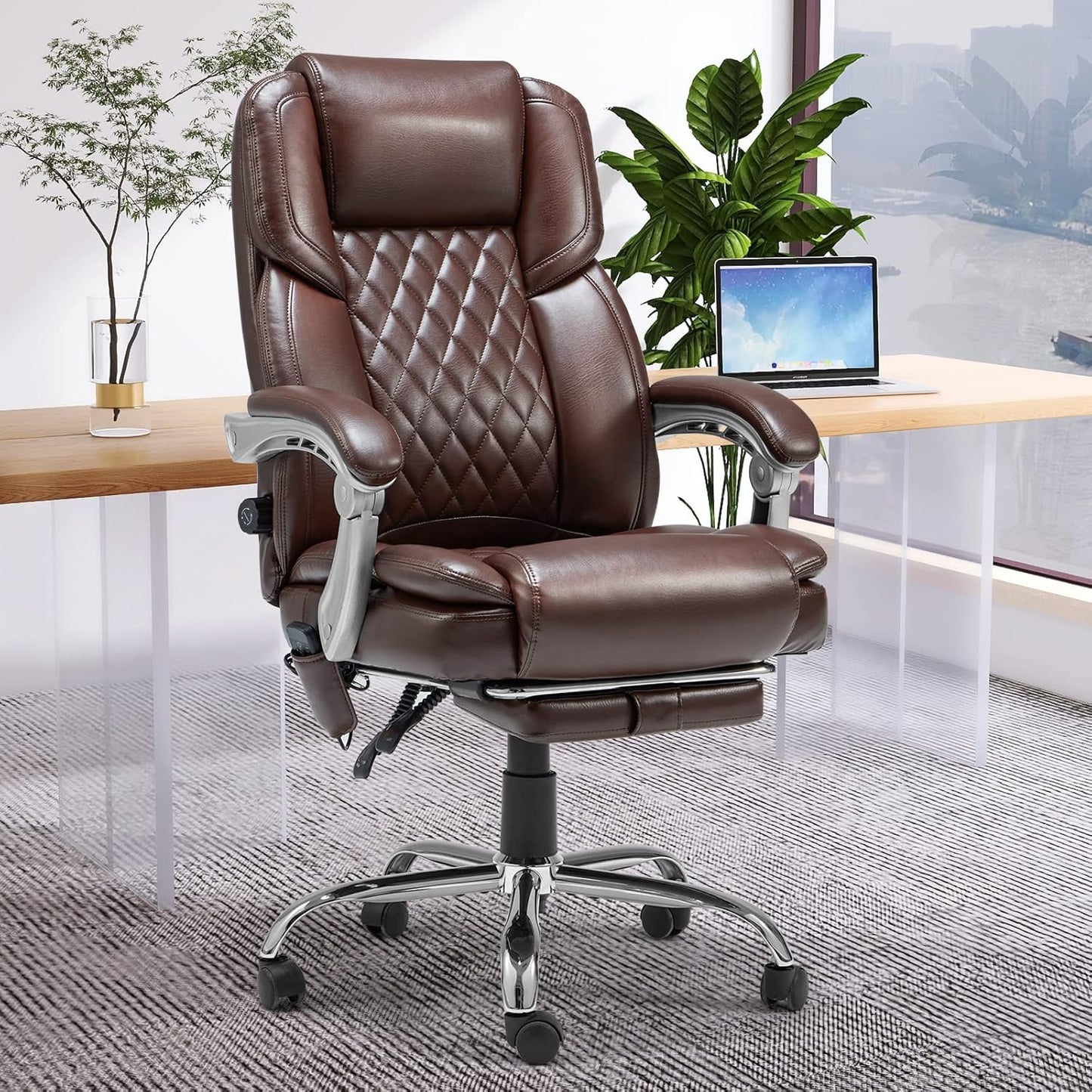 Ergonomic 2-Point Massage Executive Office Chair with Lumbar Support and Heated Reclining Backrest in Brown