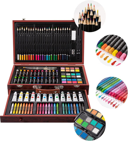 Deluxe Wooden Art Set: Comprehensive 129-Piece Drawing and Painting Kit with Watercolor Paints, Brushes, Sketch Pads, and More - Perfect Creative Gift for All Ages