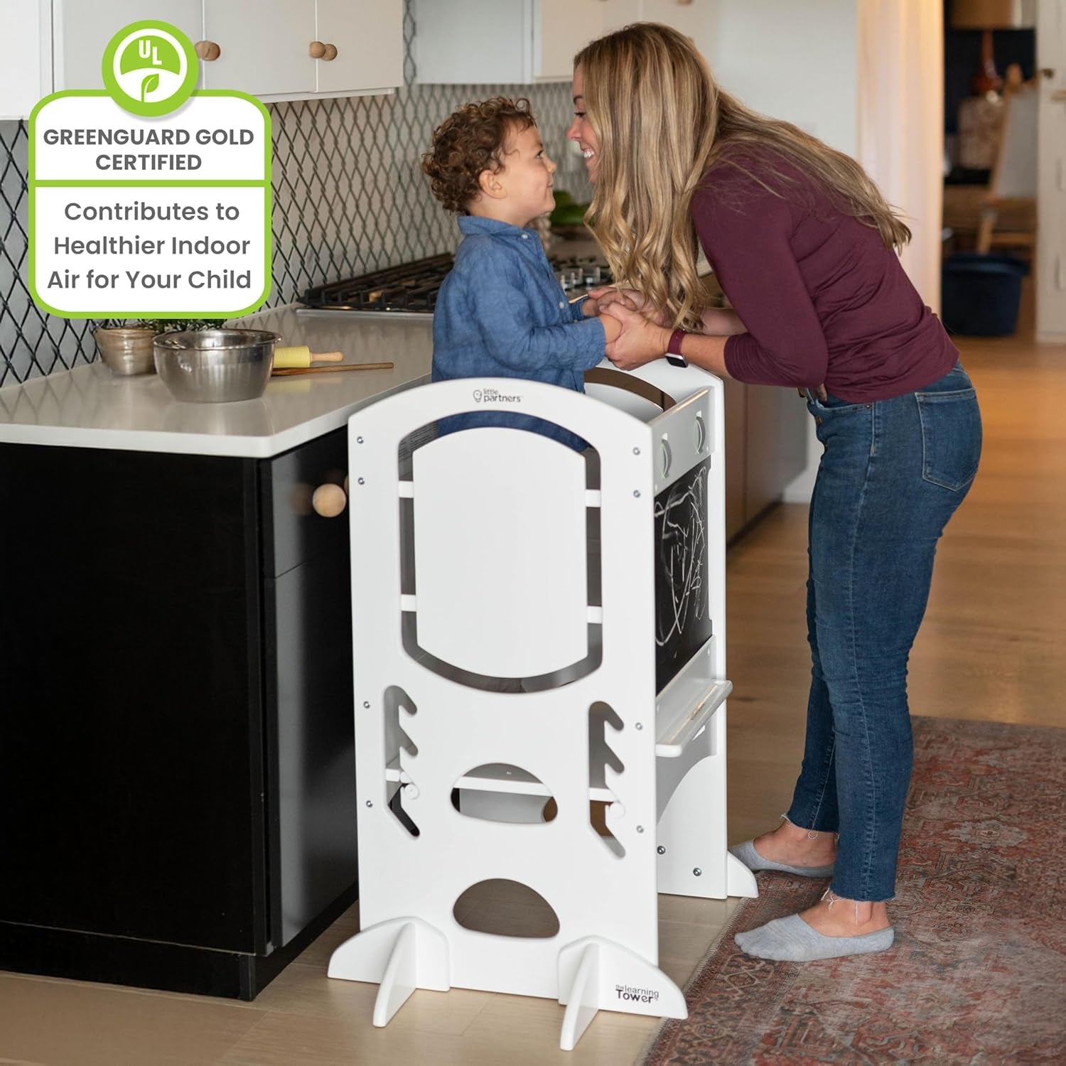 Limited Edition Learning Tower: Versatile Toddler Step Stool and Activity Center with Adjustable Height, Chalkboard, and Safety Rails in Soft White